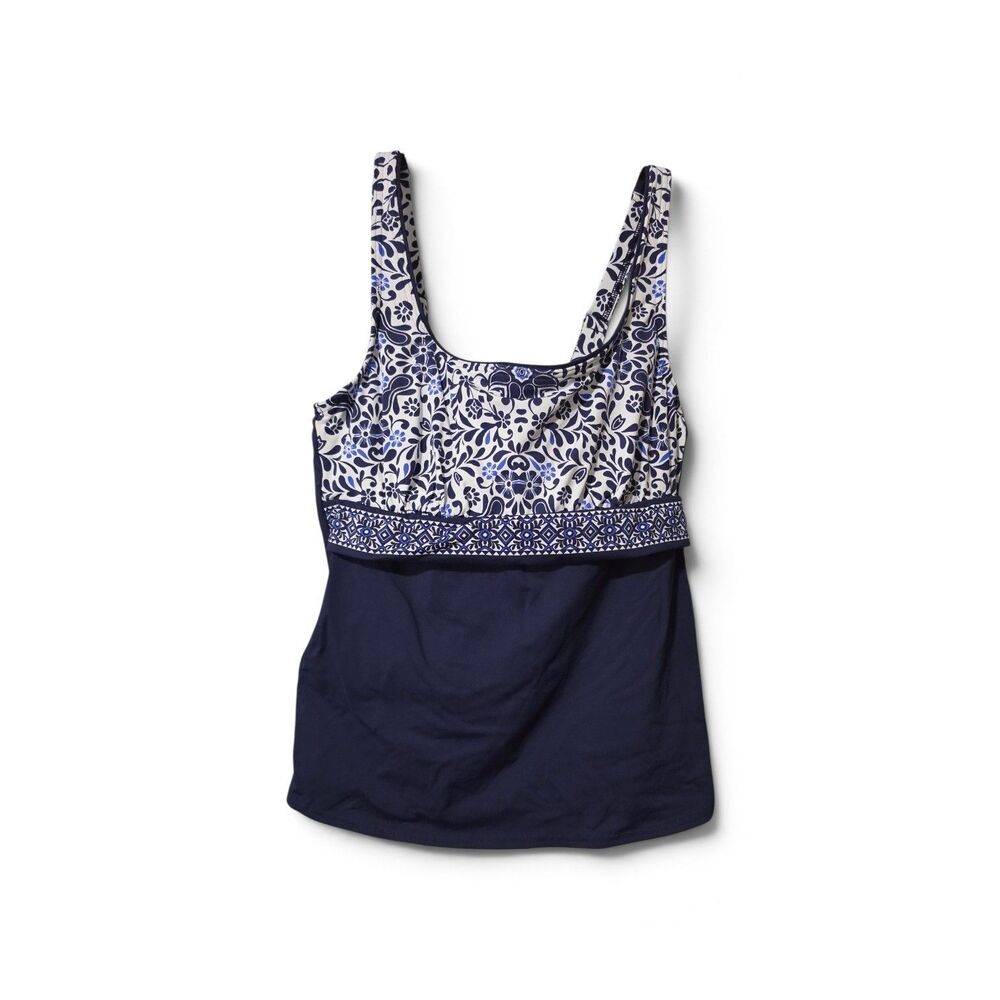 Lands End Womens Navy/ White Floral Underwire Tankini Swim Suit DTop Size 10